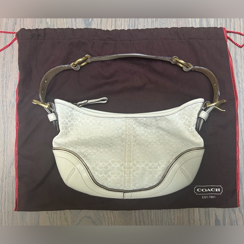 Vintage Small Coach Soft White Hobo Bag with Gold Accents